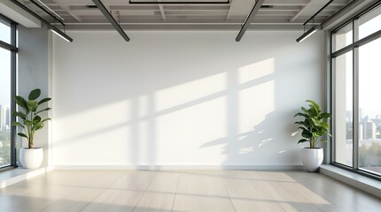 Fototapeta premium Sunlit Minimalist Modern Office Space with Large Windows and Blank White Wall, Ideal for Design Mockup