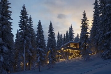 Illuminated cabin nestled in a snow-covered pine forest at twilight.