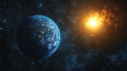 Obraz premium Background of space with blue Earth and sun star