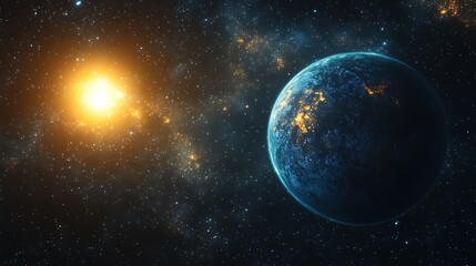 Fototapeta premium Background of space with blue Earth and sun star