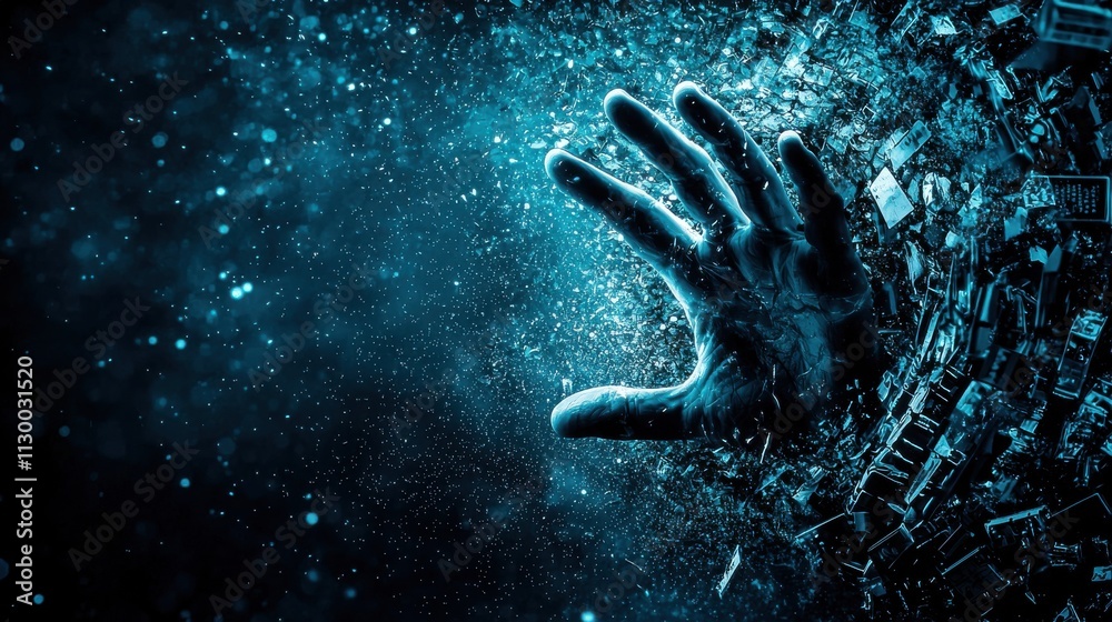 Leinwandbilder Mysterious hand reaching through a shimmering dimensional rift abstract sci-fi scene high fidelity visuals cosmic environment dynamic perspective surreal concept