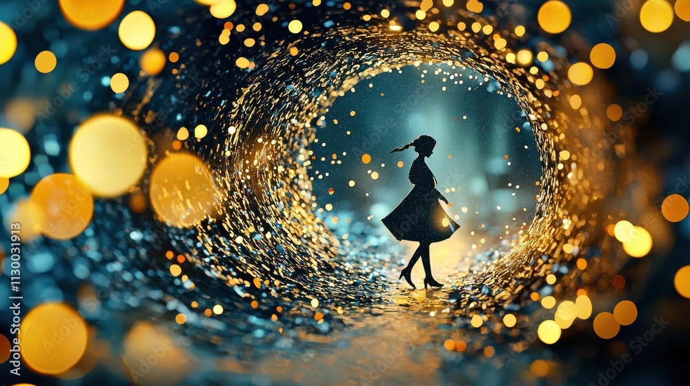 Poster Mysterious figure walking through shimmering dime in high fidelity enigmatic tunnel digital art dreamlike environment captured from a low angle exploring surreal beauty