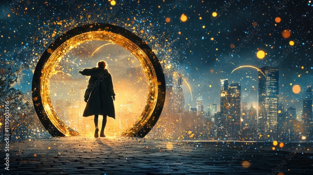 Poster mysterious figure walking through a shimmering dime urban nightscape high fidelity image enchanted e