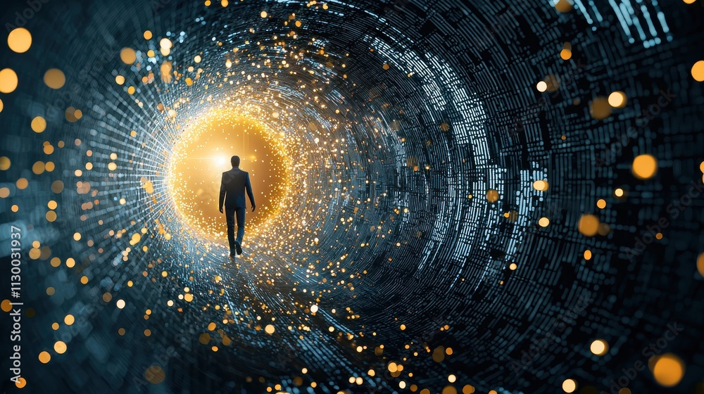 Aufkleber Mysterious figure navigating a shimmering dime in high fidelity digital realm visual art enigmatic environment perspective of the observer exploration of the unknown