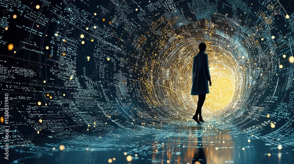 Poster a mysterious figure walking through a shimmering dime high fidelity digital landscape sci-fi artwork