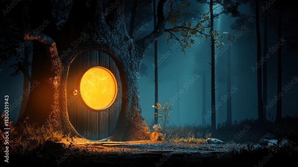 Aufkleber Mysterious portal opens to another dimension in high fidelity enchanted forest digital art surreal environment first-person perspective alternate reality exploration