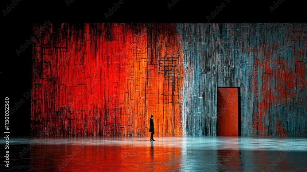 Poster Silhouette contemplating in front of a shimmering wall of dim high fidelity artistic space digital art abstract environment side view visual contrast and depth