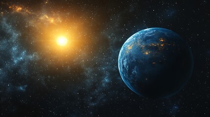 Background of space with blue Earth and sun star