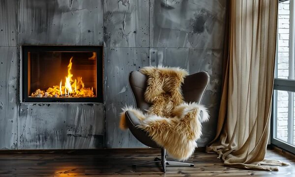 Chaise design avec plaid en fourrure pr&egrave;s d'une chemin&eacute;e moderne allum&eacute;e,  cocooning chaleureux en int&eacute;rieur hivernal.