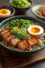 Close-up of a delicious bowl of ramen noodles with chashu pork, soft boiled egg, and green onions.