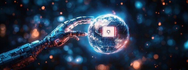 Robotic Hand Touching Glowing Globe Icon for Secure Digital Payments Financial Transactions and Mobile Banking
