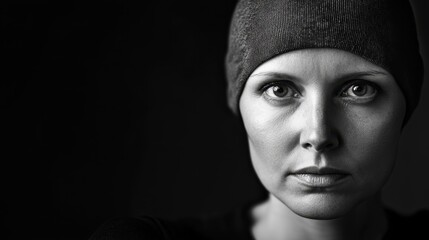 A close-up portrait of a woman in a beanie, conveying a strong emotional expression against a dark background.