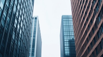 Obraz premium A view looking up between two tall buildings, showcasing modern architecture and glass facades against a muted sky.