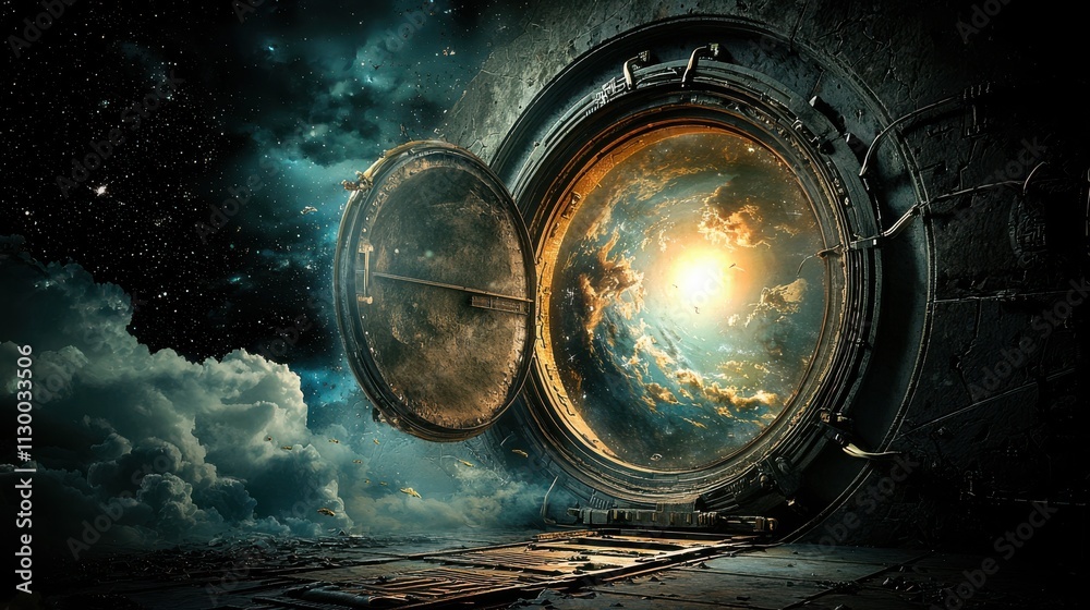 Poster unveiling a vibrant alien dimension through an ancient stone archway cosmic landscape high fidelity 
