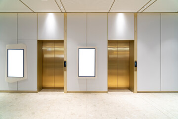 Metal Elevator Lobby with two vertical Mockup Billboard in modern building