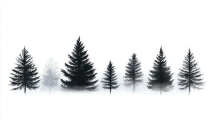 Obraz premium A serene winter landscape featuring a variety of pine trees silhouetted against a soft, white background.