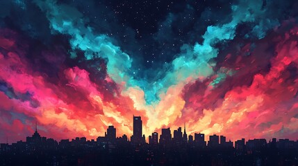 Fototapeta premium Vibrant Fireworks Display Illuminating the Night Sky Over a City Skyline with Colorful Clouds Creating a Stunning Visual Spectacle