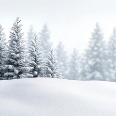 Fototapeta premium A serene winter scene featuring snow-covered trees in a foggy atmosphere, creating a peaceful and tranquil landscape.