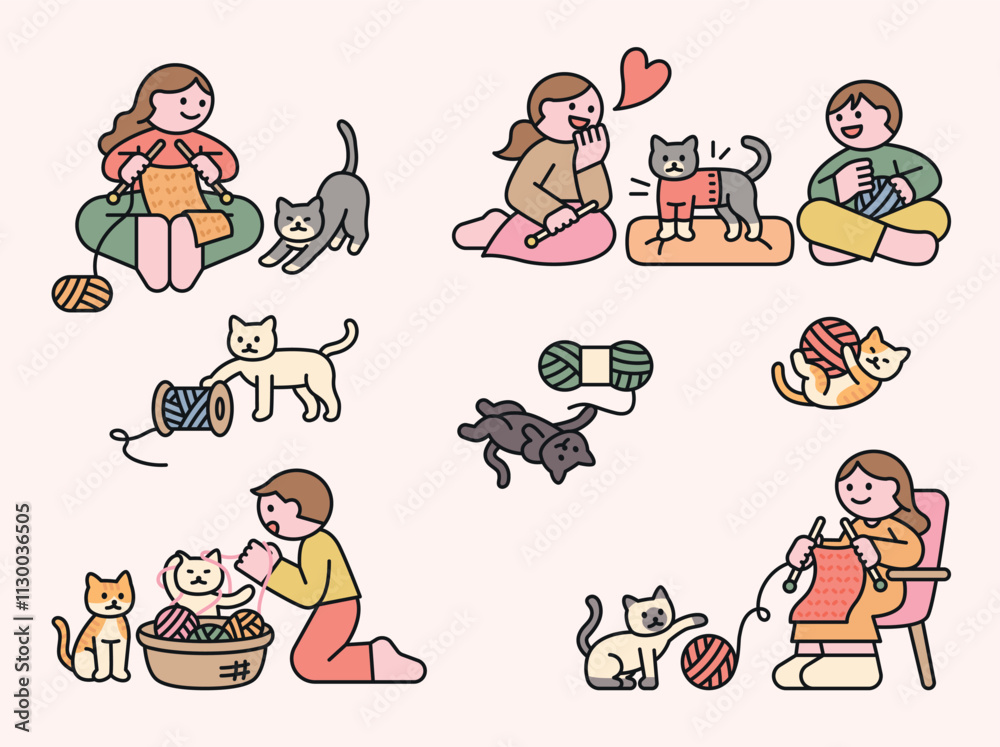 Wall mural knitters and cats playing with knitting balls. cuttiny character with outline.