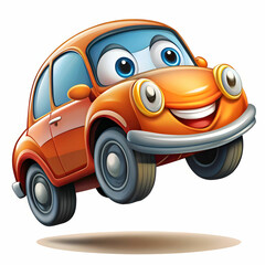 A playful cartoon car jumping high with expressive eyes