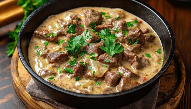 beef stroganoff with porcini in creamy sauce over veal strips in cast iron pan topped with parsley