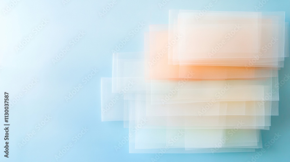 Poster abstract layers of translucent pages against muted blue background
