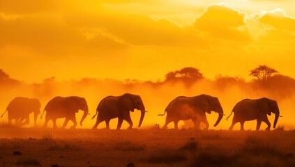 Fototapeta premium African Elephants Silhouettes at Sunset