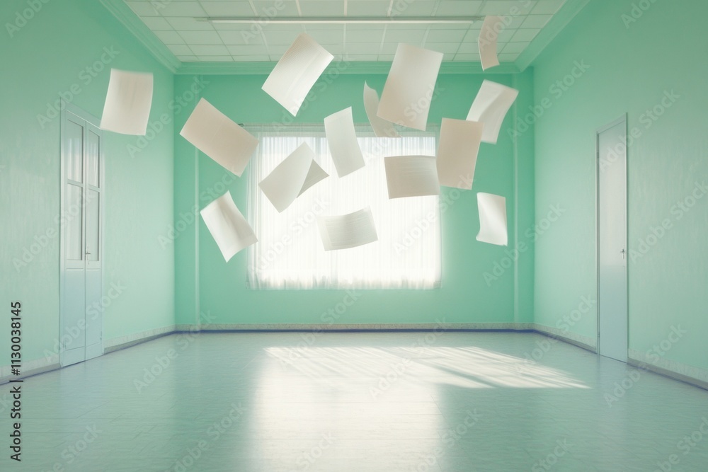 Poster Surreal Paper Flight in Minimalist Room with Soft Lighting and Reflection