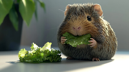 A small brown and gray rodent is eating a leaf of lettuce