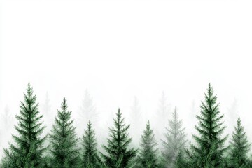 Obraz premium A serene forest scene featuring tall, green trees fading into a misty background against a white sky.