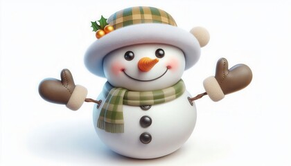 Cheerful snowman character with winter hat and scarf raising arms in welcoming gesture