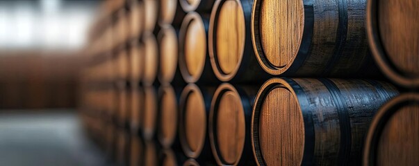 Oil petroleum concept. A close-up view of wooden barrels neatly arranged in a brewery or winery setting.