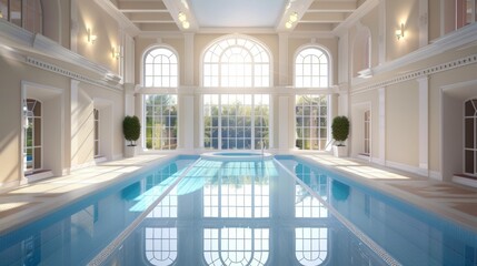 Obraz premium Luxurious indoor swimming pool with a clean, modern design and plenty of natural light from expansive windows
