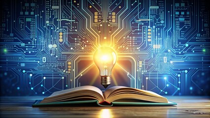 Fototapeta premium Illuminated Ideas Knowledge Glows Bright from an Open Book Against a Circuit Board Background