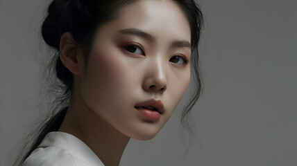 Macro Close-up hyperrealistic black and white portrait of a Korean woman posing in profile, with her head slightly tilted down and to the right, her pores, eyelashes