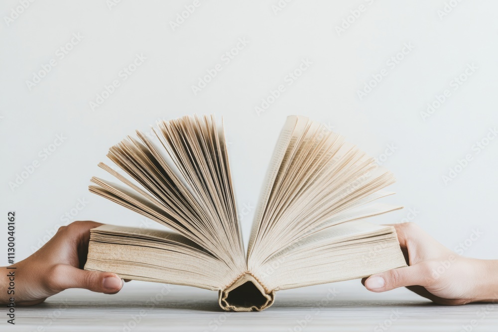 Poster open book with fanned pages held by hands on light background