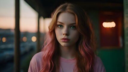 a portrait of a young teen-woman with captivating green eyes and full pink lips, exuding an edgy vibe. She has long, wavy red hair and is wearing a simple pink top