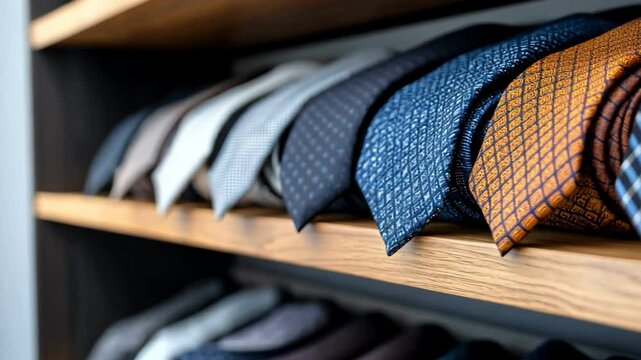 Colorful ties neatly arranged on a wooden shelf, elegant fashion display.