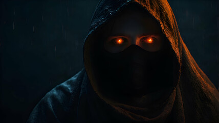 A mysterious figure draped in a dark, tattered cloth with a hood obscuring most of their face. Only their glowing, fiery eyes are visible