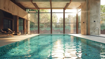 Obraz premium Luxurious indoor swimming pool with a contemporary layout and plenty of sunlight from large windows