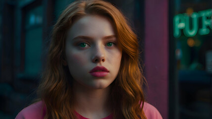 a portrait of a young teen-woman with captivating green eyes and full pink lips, exuding an edgy vibe. She has long, wavy red hair and is wearing a simple pink top