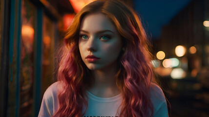 a portrait of a young teen-woman with captivating green eyes and full pink lips, exuding an edgy vibe. She has long, wavy red hair and is wearing a simple pink top