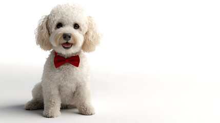 Obraz premium A white dog with a red bow tie is sitting on a white background