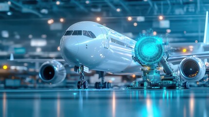 Fototapeta premium A futuristic airport maintenance robot scanning a plane s exterior, with glowing sensors and sleek mechanical arms, set in a hightech environment