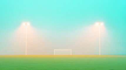 Minimalist Surreal Football Pitch Under Streetlights Energetic Late-Night Atmosphere