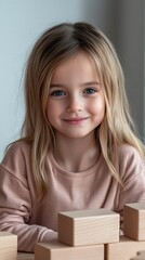 A smiling child with long hair sits at a table with wooden blocks, exuding joy and innocence in a bright, natural setting.