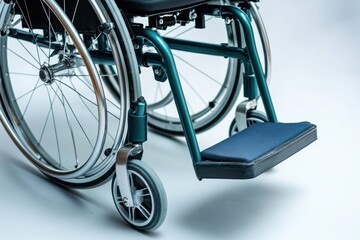 A lightweight manual wheelchair with a metallic blue frame
