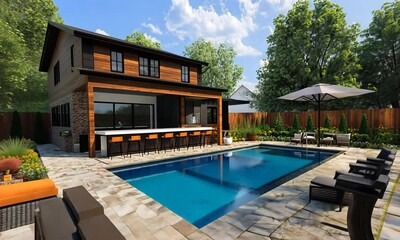 Modern Farmhouse with Outdoor Kitchen, Pool, and Patio Area