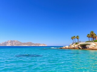 Fototapeta premium Sandy beach with turquoise water and palm trees in Majorca, Spain, Playa de Illetas, paradise