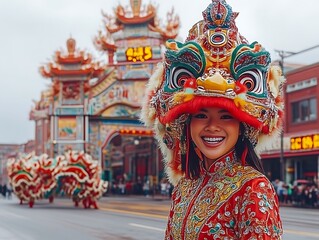 Woman in ornate lion dance costume smiles during parade